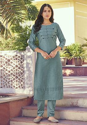 Light Blue Embroidered Silk Kurta Set
