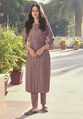 Mauve Embroidered Silk Kurta Set
