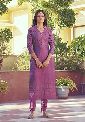 Purple Embroidered Silk Kurta Set