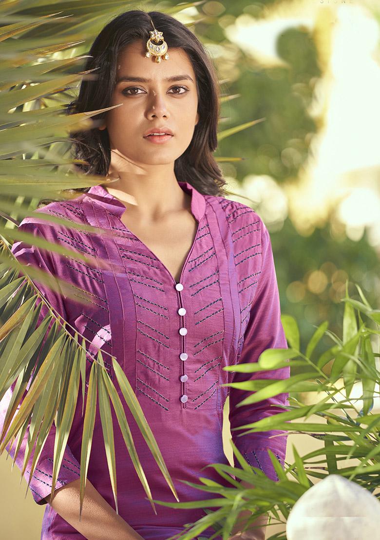 Purple Embroidered Silk Kurta Set