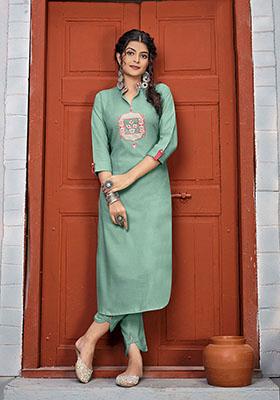Sea Green Embroidered Rayon Kurta Set
