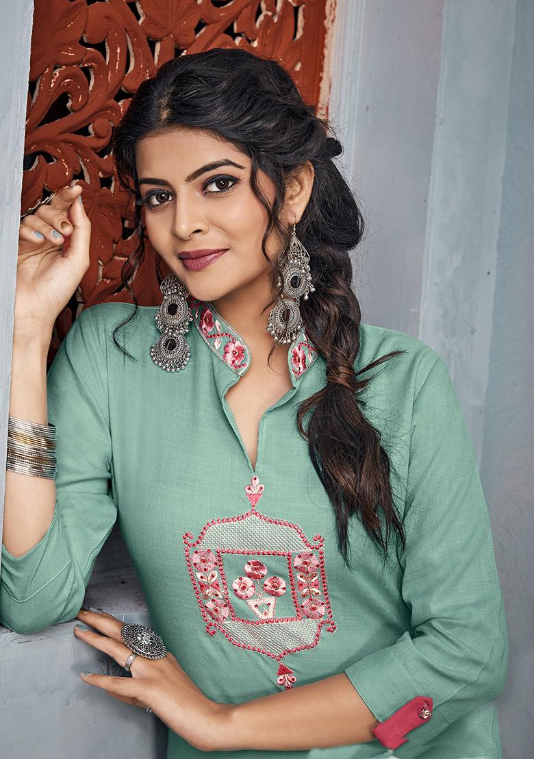 Sea Green Embroidered Rayon Kurta Set