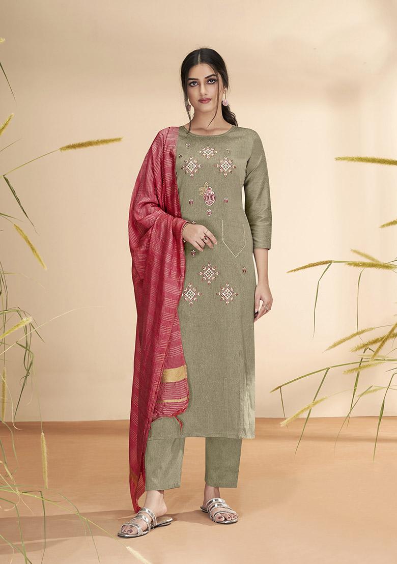 Olive Green Embroidered Cotton Kurta Set