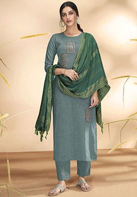 Sea Green Embroidered Cotton Kurta Set