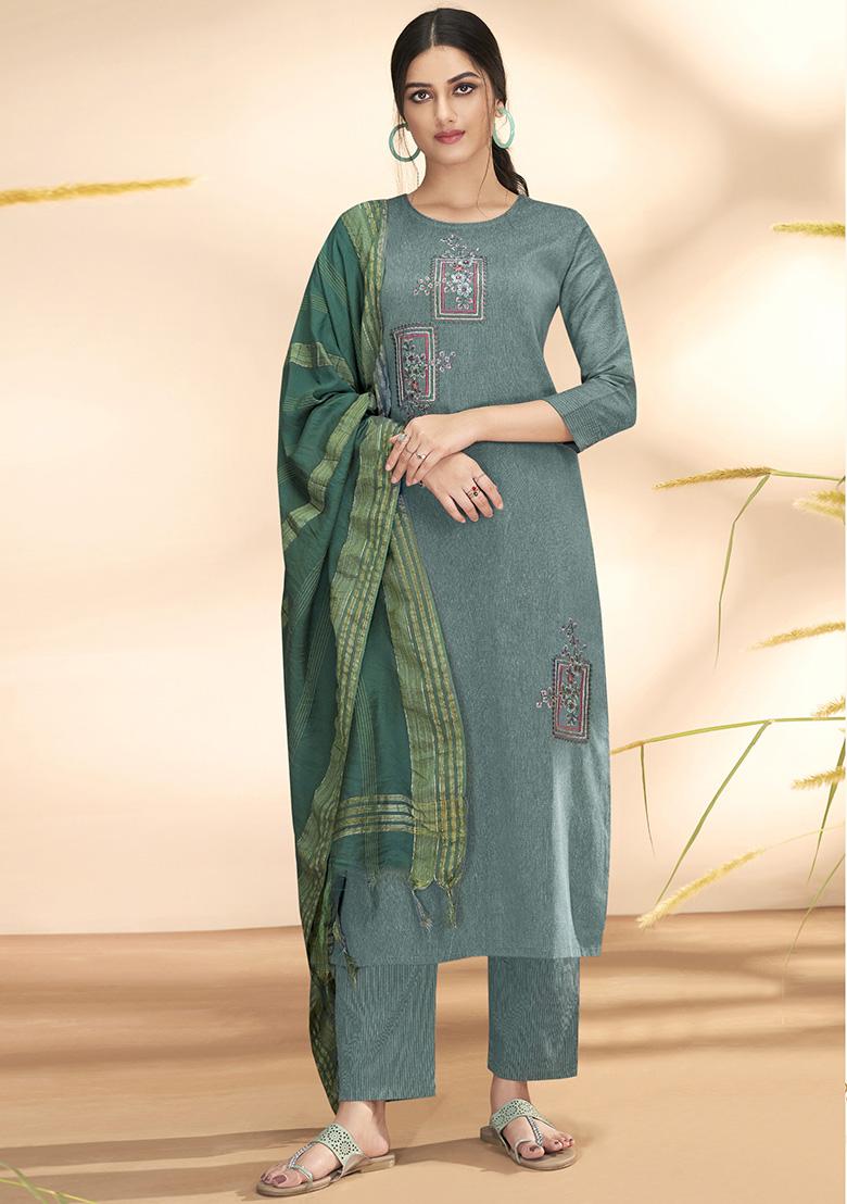 Sea Green Embroidered Cotton Kurta Set