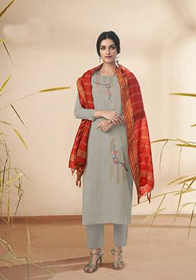 Grey Embroidered Cotton Kurta Set