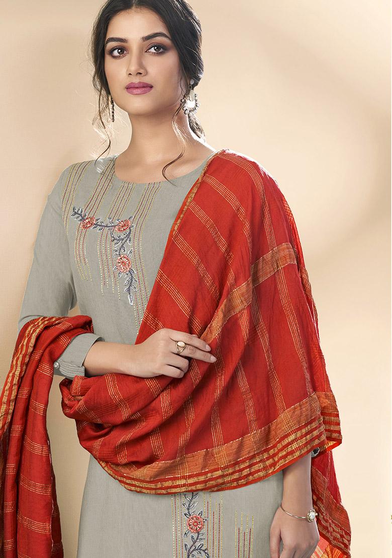 Grey Embroidered Cotton Kurta Set