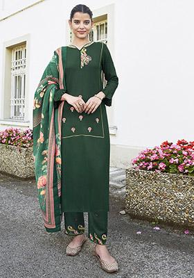 Green Embroidered Rayon Kurta Set
