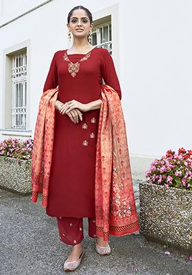 Maroon Embroidered Rayon Kurta Set
