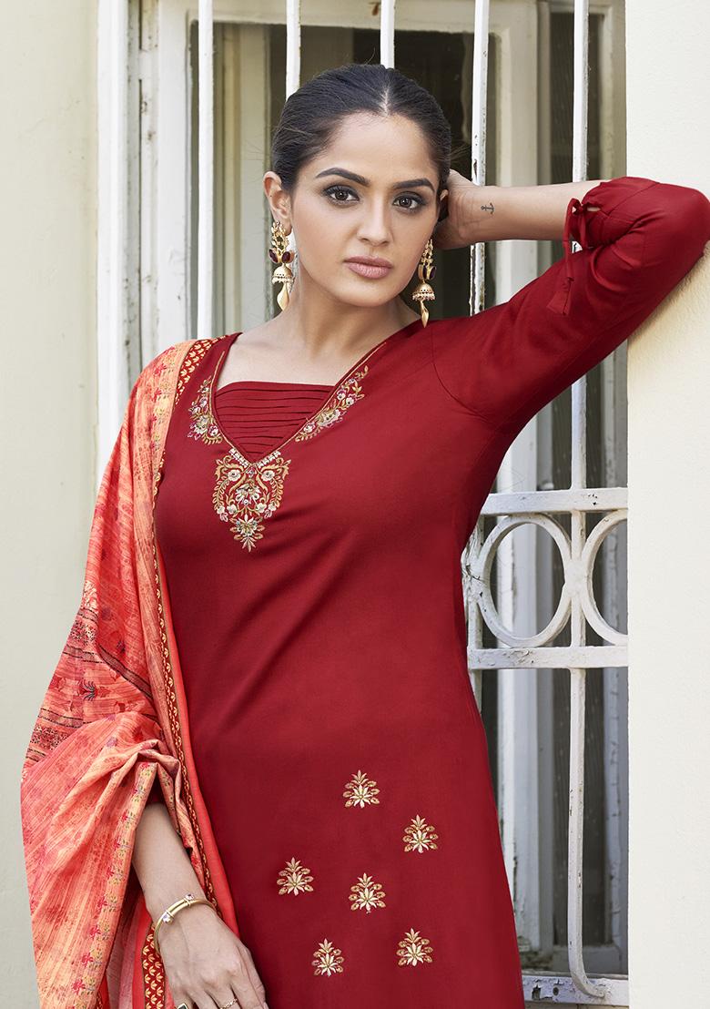 Maroon Embroidered Rayon Kurta Set
