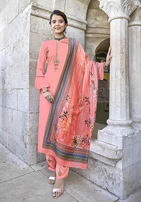 Pink Embroidered Rayon Kurta Set