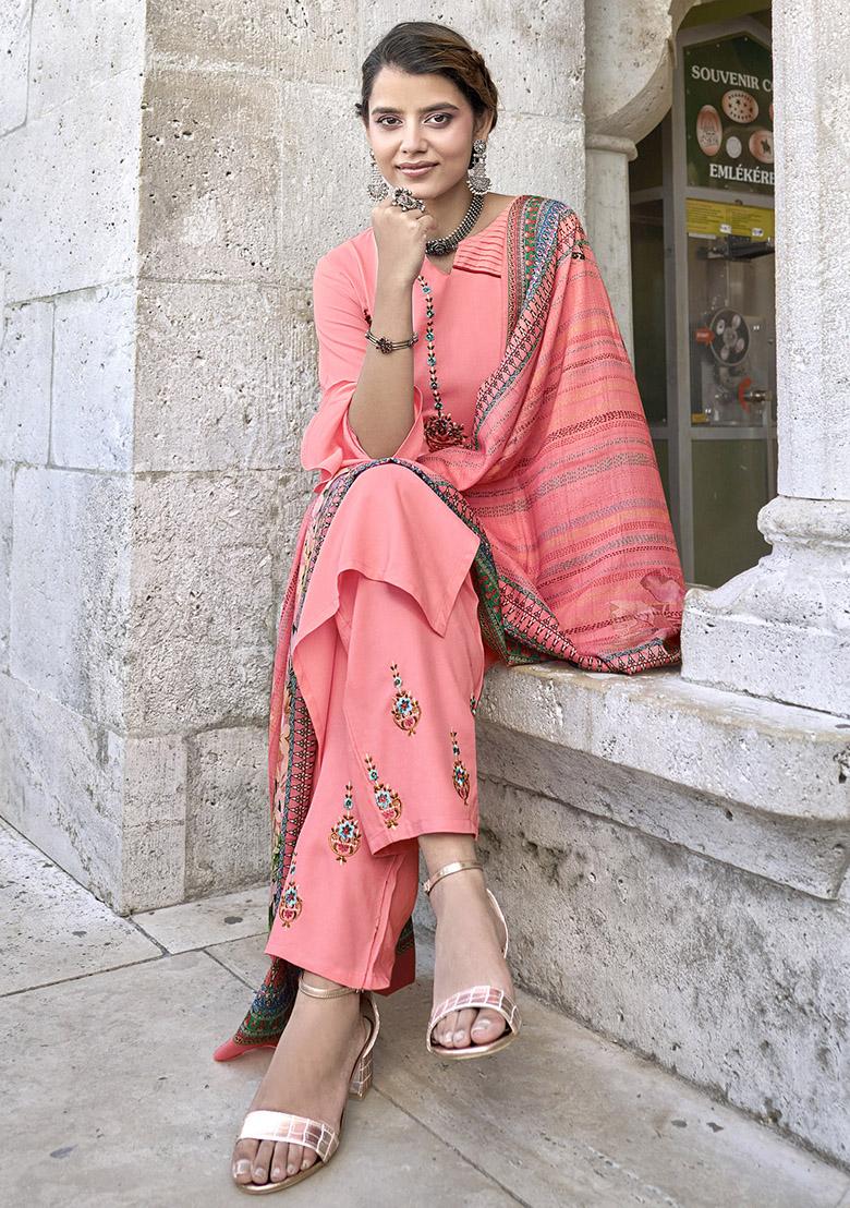 Pink Embroidered Rayon Kurta Set