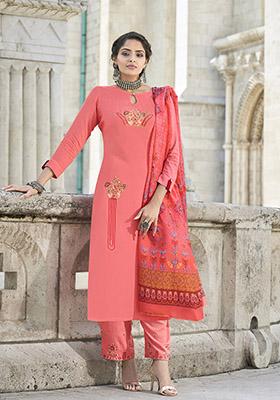 Pink Embroidered Rayon Kurta Set