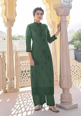 Green Embroidered Georgette Kurta Set