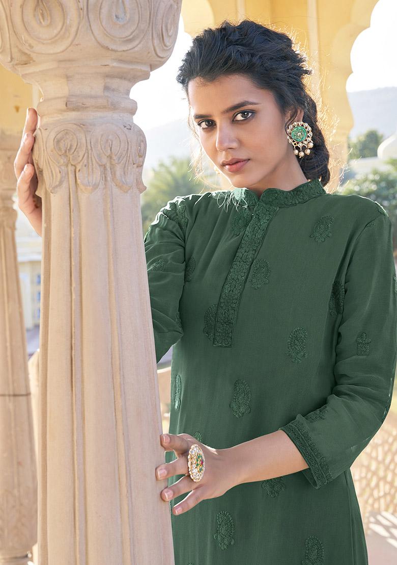 Green Embroidered Georgette Kurta Set