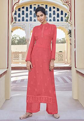 Pink Embroidered Georgette Kurta Set