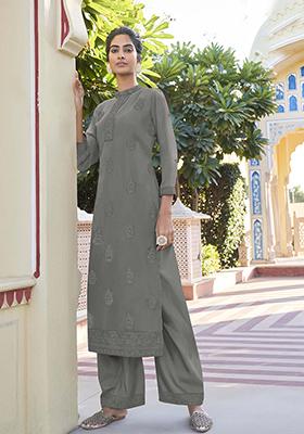 Grey Embroidered Georgette Kurta Set