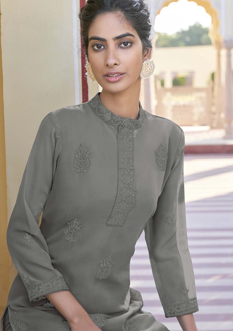 Grey Embroidered Georgette Kurta Set