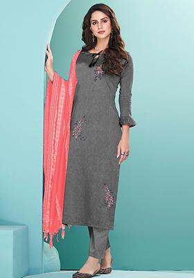 Grey Embroidered Cotton Kurta Set
