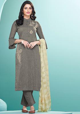 Grey Embroidered Cotton Kurta Set