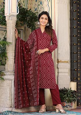 Maroon Embroidered Cotton Kurta Set