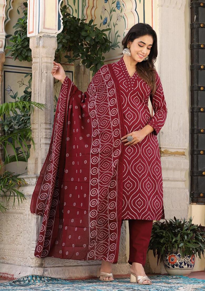 Maroon Embroidered Cotton Kurta Set