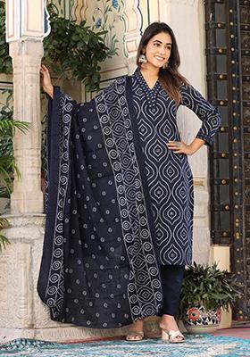 Blue Embroidered Cotton Kurta Set