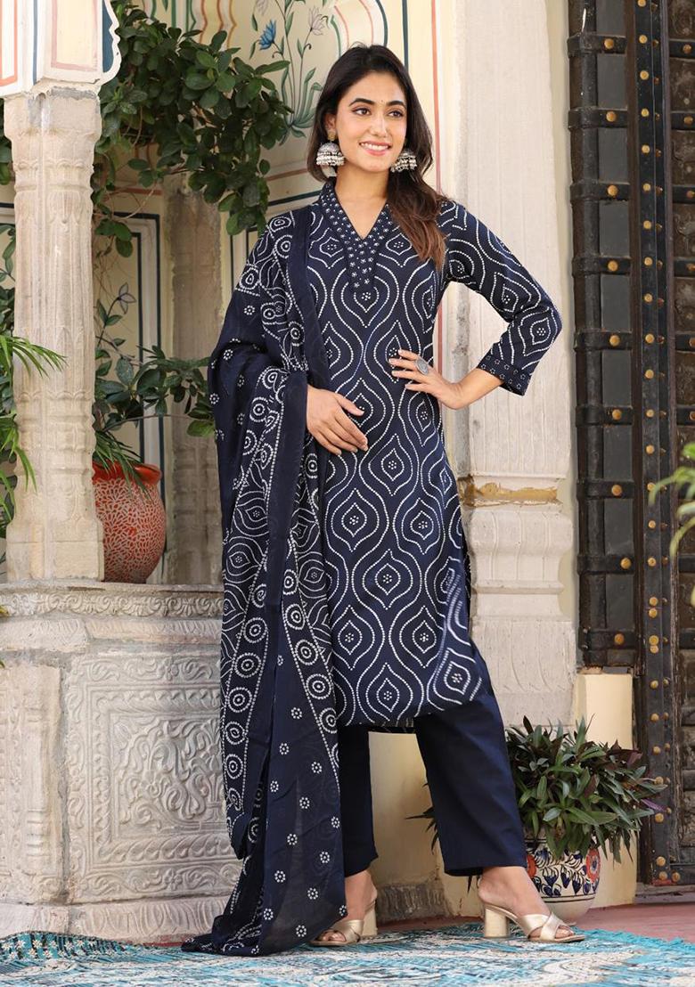 Blue Embroidered Cotton Kurta Set