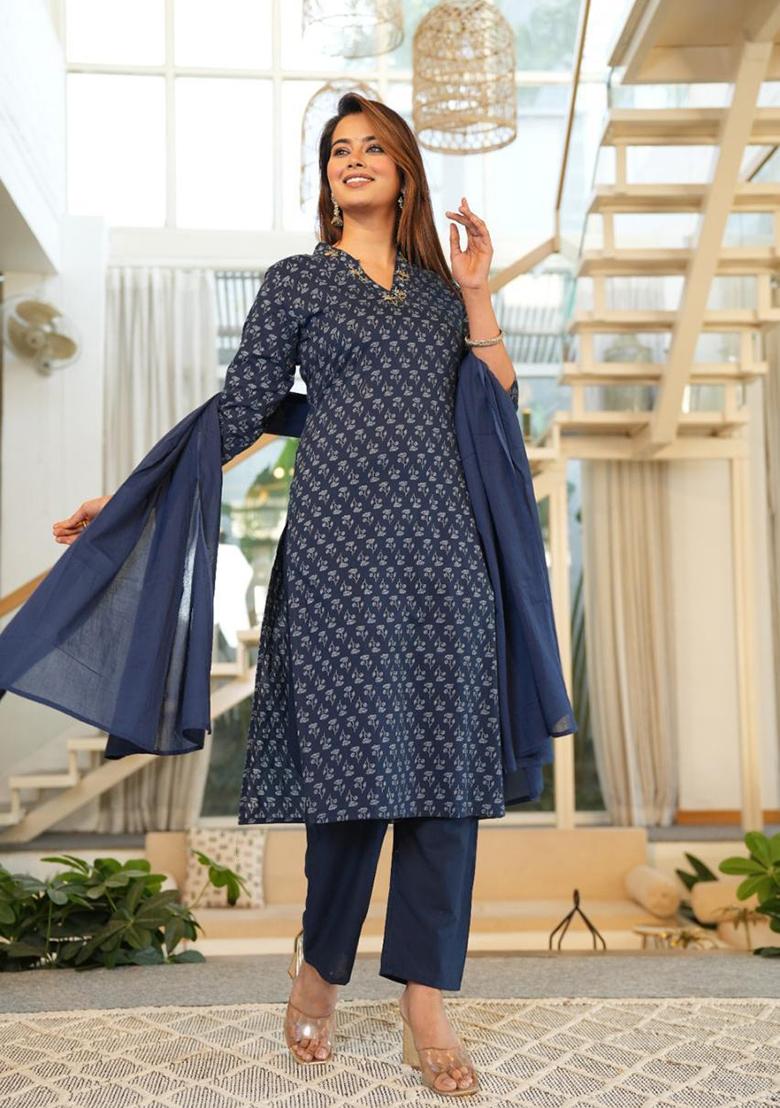 Navy Blue Embroidered Cotton Kurta Set