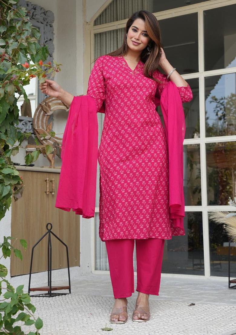 Pink Embroidered Cotton Kurta Set