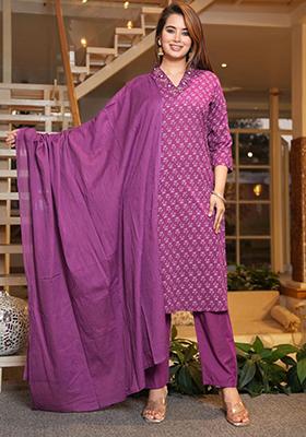 Purple Embroidered Cotton Kurta Set