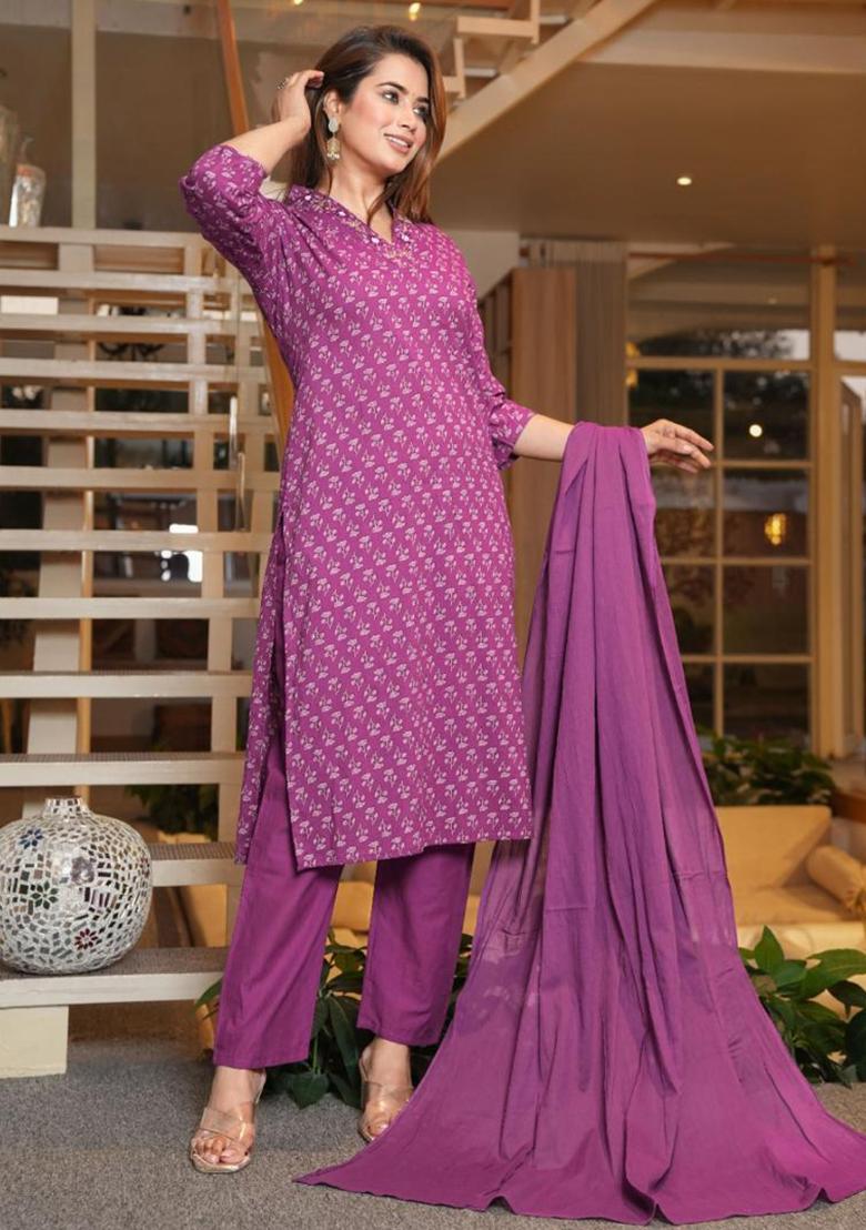 Purple Embroidered Cotton Kurta Set
