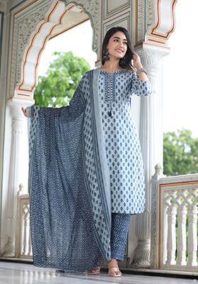 Sky Blue Embroidered Cotton Kurta Set