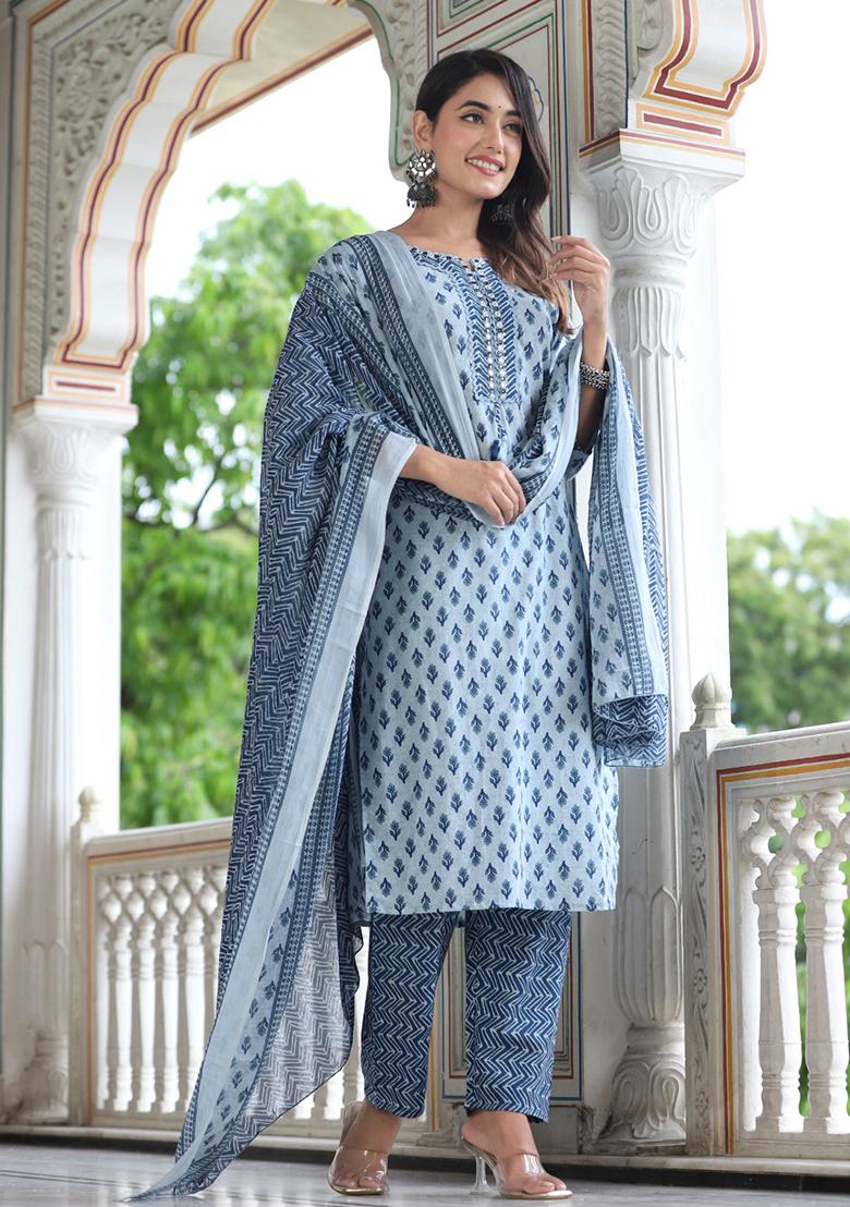Sky Blue Embroidered Cotton Kurta Set