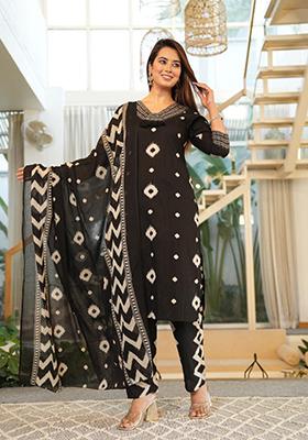 Black Embroidered Cotton Kurta Set
