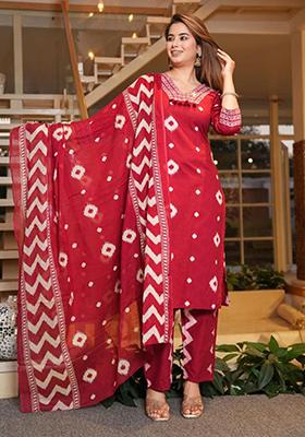 Red Embroidered Cotton Kurta Set