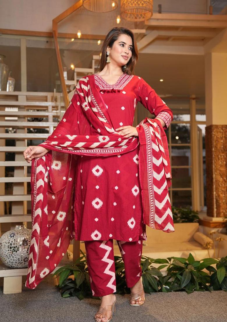 Red Embroidered Cotton Kurta Set