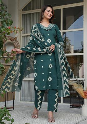 Green Embroidered Cotton Kurta Set
