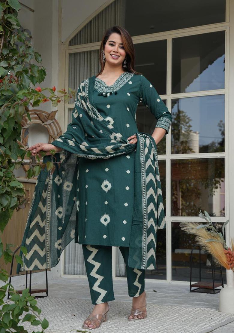 Green Embroidered Cotton Kurta Set