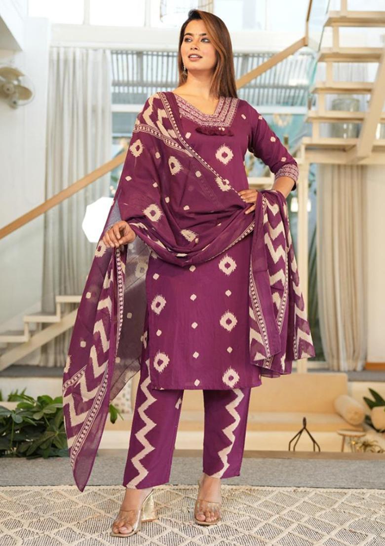 Purple Embroidered Cotton Kurta Set