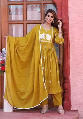 Mustard Yellow Embroidered Cotton Kurta Set