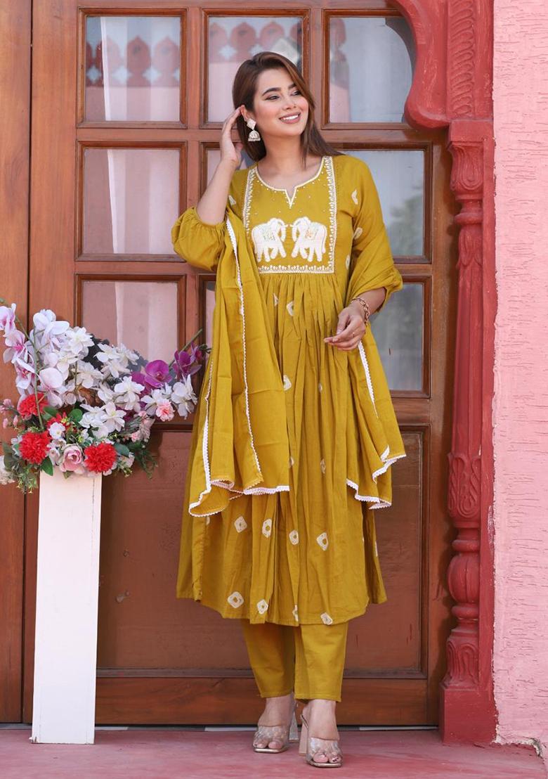 Mustard Yellow Embroidered Cotton Kurta Set