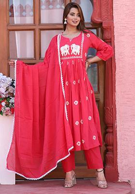 Red Embroidered Cotton Kurta Set