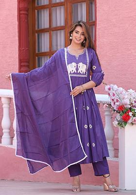 Dark Purple Embroidered Cotton Kurta Set