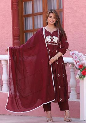 Maroon Embroidered Cotton Kurta Set