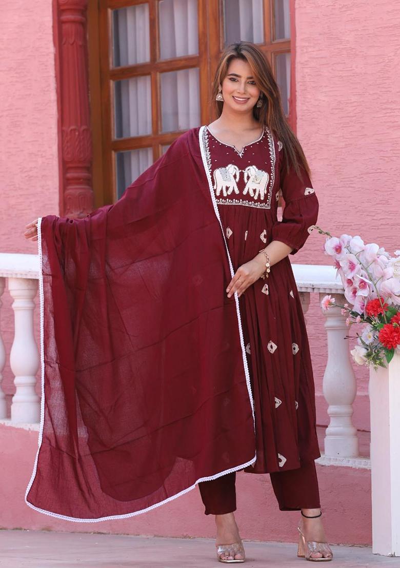 Maroon Embroidered Cotton Kurta Set With Dupatta
