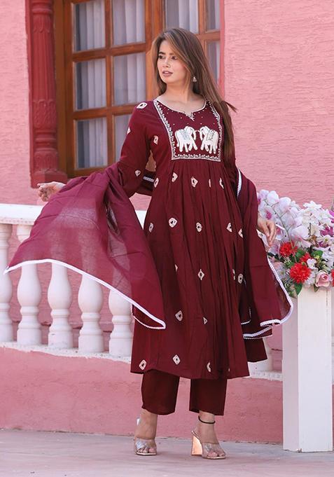 Maroon Embroidered Cotton Kurta Set With Dupatta