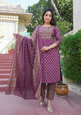 Purple Embroidered Cotton Kurta Set