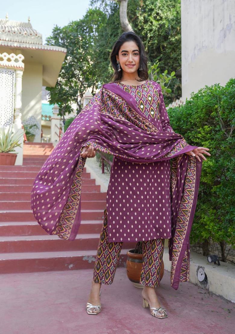 Purple Embroidered Cotton Kurta Set