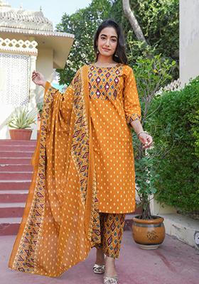 Mustard Yellow Embroidered Cotton Kurta Set